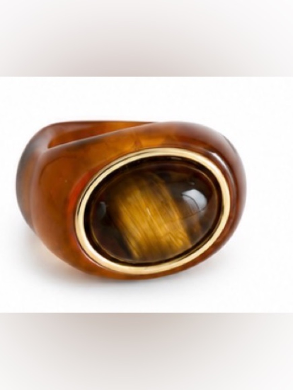 Gold-Toned Amber Resin Ring with Tiger's Eye Accent - Women's Jewelry
